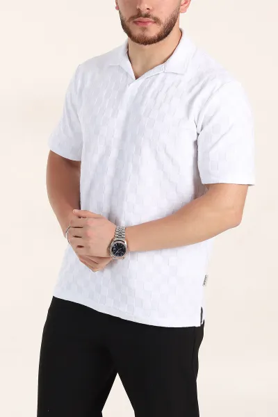 Beyaz Relaxed Fit Kare Dokulu Patlı Polo Yaka Erkek Tişört 358037