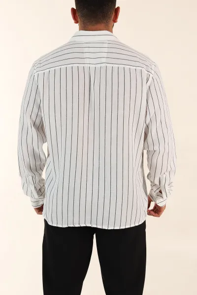 Beyaz Relaxed Fit Keten Ata Yaka Çizgili Erkek Gömlek 376958