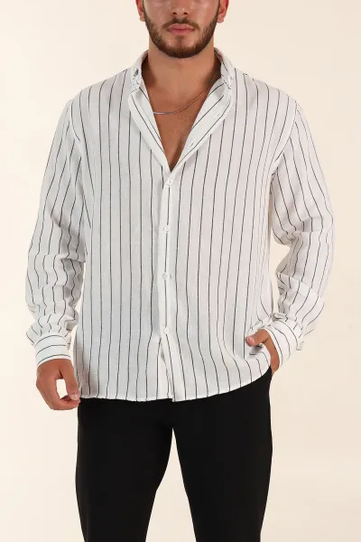Beyaz Relaxed Fit Keten Ata Yaka Çizgili Erkek Gömlek 376958