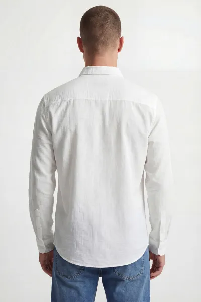 Beyaz Relaxed Fit Keten Ata Yaka Erkek Gömlek 435847