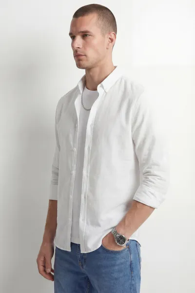 Beyaz Relaxed Fit Keten Ata Yaka Erkek Gömlek 435847