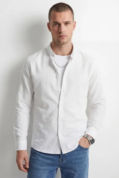 Beyaz Relaxed Fit Keten Ata Yaka Erkek Gömlek 435847