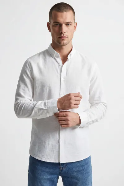 Beyaz Relaxed Fit Keten Ata Yaka Erkek Gömlek 435847