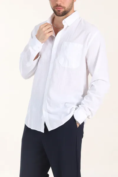 Beyaz Relaxed Fit Keten Cep Detaylı Erkek Gömlek 356969