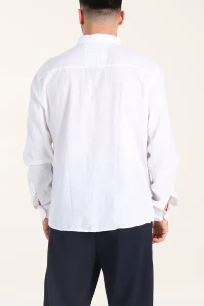 Beyaz Relaxed Fit Keten Cep Detaylı Erkek Gömlek 356969