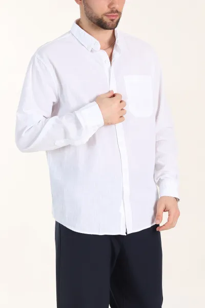 Beyaz Relaxed Fit Keten Cep Detaylı Erkek Gömlek 356969