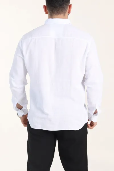 Beyaz Relaxed Fit Keten Cep Detaylı Erkek Gömlek 356976