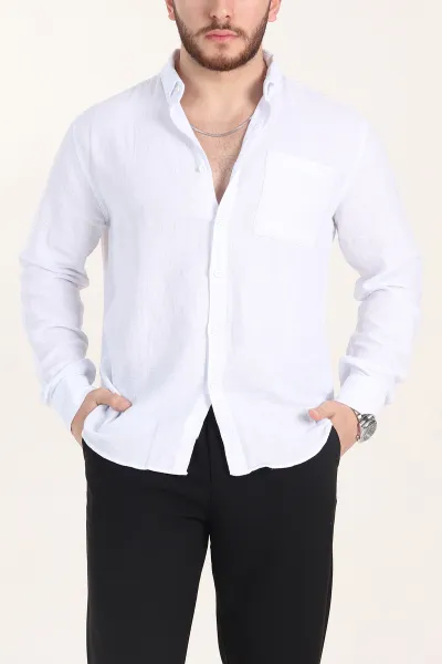 Beyaz Relaxed Fit Keten Cep Detaylı Erkek Gömlek 356976