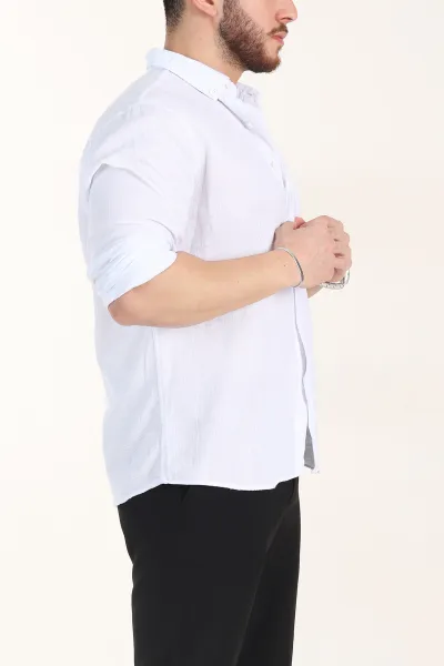 Beyaz Relaxed Fit Keten Cep Detaylı Erkek Gömlek 356976