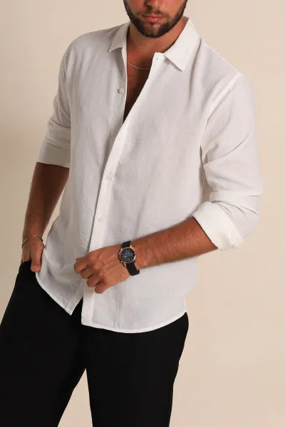 Beyaz Relaxed Fit Keten Erkek Gömlek 283765