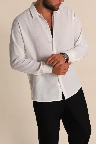Beyaz Relaxed Fit Keten Erkek Gömlek 283765