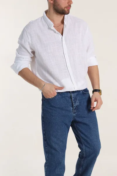 Beyaz Relaxed Fit Keten Kare Dokulu Ata Yaka Erkek Gömlek 339183