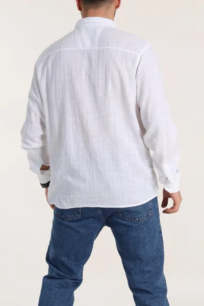 Beyaz Relaxed Fit Keten Kare Dokulu Ata Yaka Erkek Gömlek 339183