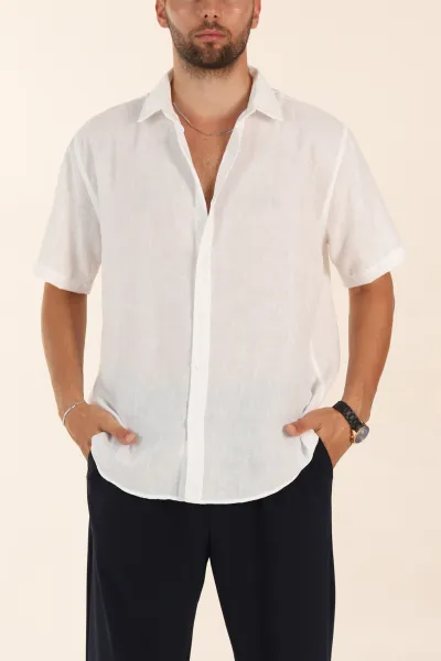 beyaz-relaxed-fit-keten-kisa-kollu-erkek-gomlek-376974