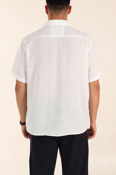 Beyaz Relaxed Fit Keten Kısa Kollu Erkek Gömlek 376974