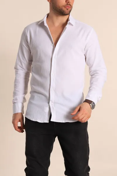 Beyaz Relaxed Fit Kırınkıl Keten Erkek Gömlek 256994