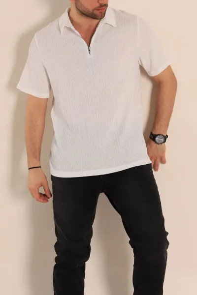 Beyaz Relaxed Fit Melanjlı Fermuarlı Polo Yaka Erkek Tişört 267655