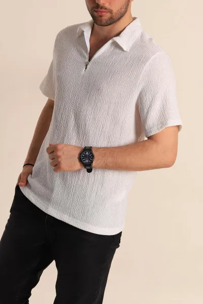 Beyaz Relaxed Fit Melanjlı Fermuarlı Polo Yaka Erkek Tişört 267655