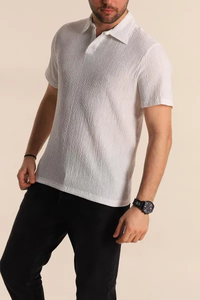 Beyaz Relaxed Fit Melanjlı Patlı Polo Yaka Erkek Tişört 267629