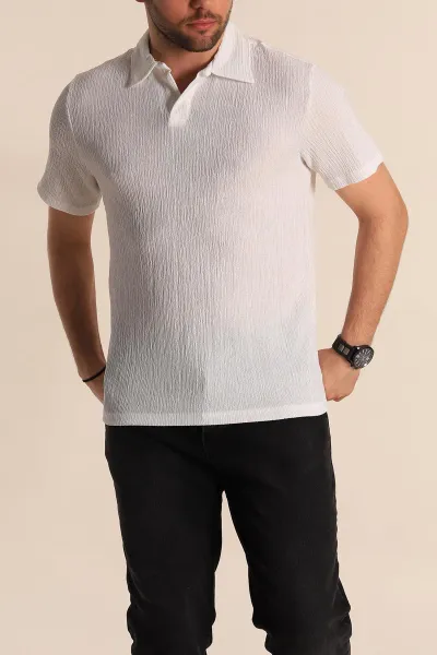 Beyaz Relaxed Fit Melanjlı Patlı Polo Yaka Erkek Tişört 267629