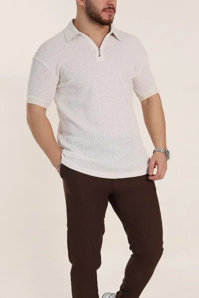 Beyaz Relaxed Fit Mikro Delikli Fermuarlı Polo Yaka Erkek Tişört 352005