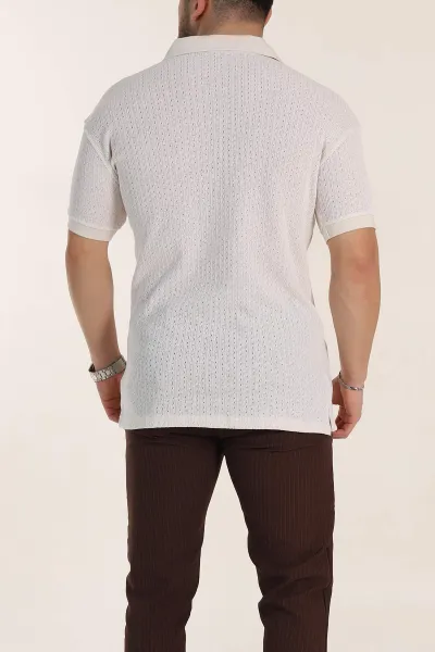 Beyaz Relaxed Fit Mikro Delikli Fermuarlı Polo Yaka Erkek Tişört 352005