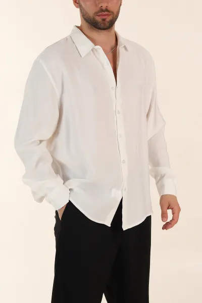Beyaz Relaxed Fit Modal Kumaş Uzun Kollu Erkek Gömlek 368661