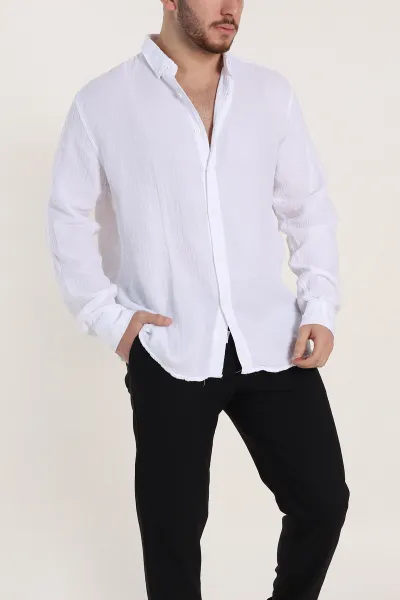 Beyaz Relaxed Fit Müslin Keten Ata Yaka Erkek Gömlek 339159
