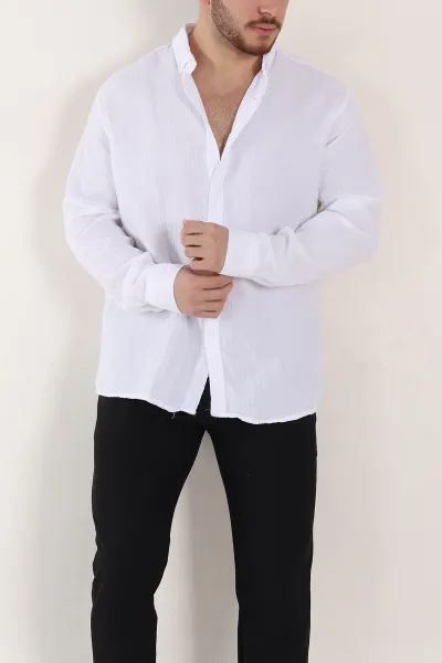 Beyaz Relaxed Fit Müslin Keten Ata Yaka Erkek Gömlek 339159
