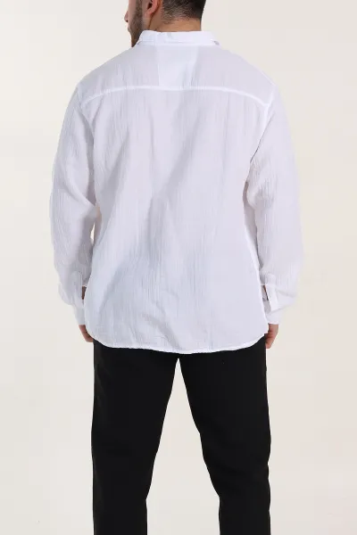 Beyaz Relaxed Fit Müslin Keten Ata Yaka Erkek Gömlek 339159