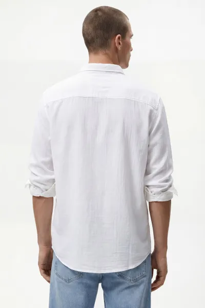 Beyaz Relaxed Fit Müslin Keten Ata Yaka Erkek Gömlek 435758