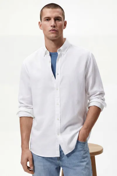Beyaz Relaxed Fit Müslin Keten Ata Yaka Erkek Gömlek 435758