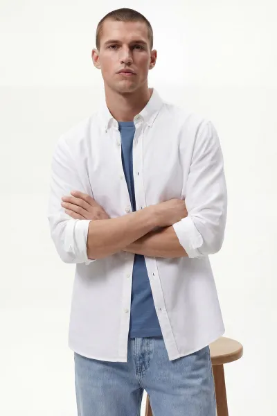 Beyaz Relaxed Fit Müslin Keten Ata Yaka Erkek Gömlek 435758