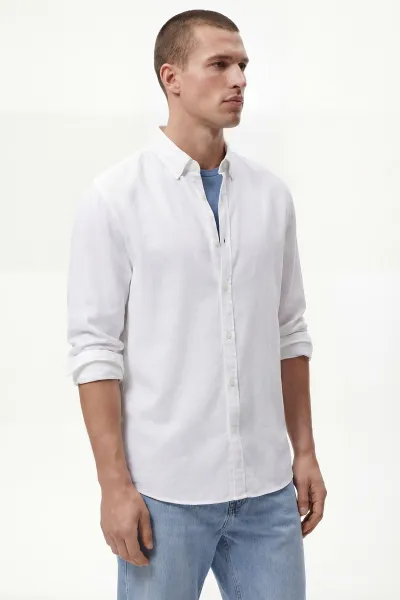 Beyaz Relaxed Fit Müslin Keten Ata Yaka Erkek Gömlek 435758