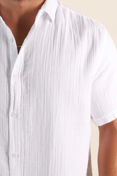 Beyaz Relaxed Fit Müslin Keten Kısa Kollu Erkek Gömlek 376949