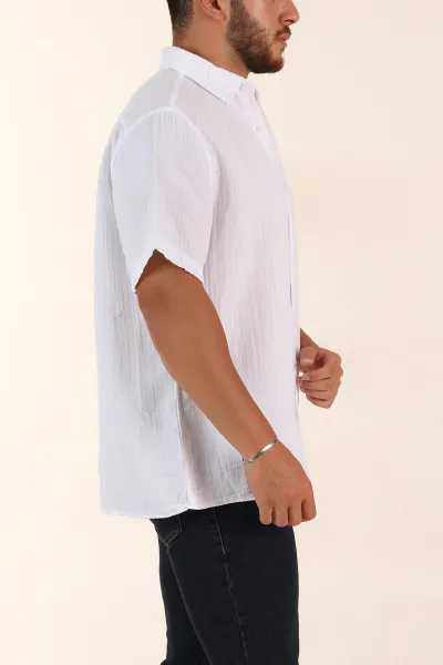 Beyaz Relaxed Fit Müslin Keten Kısa Kollu Erkek Gömlek 376949