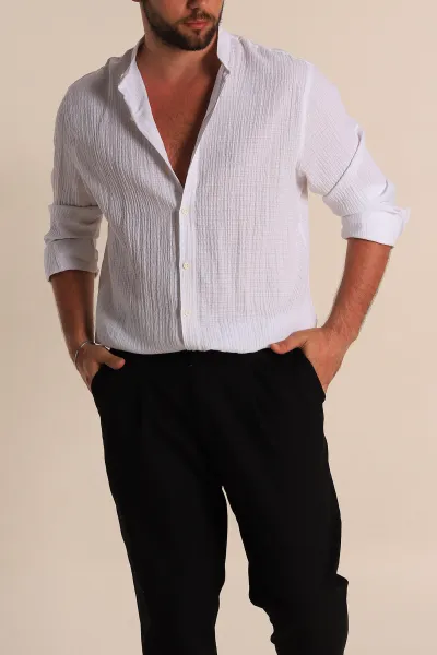 Beyaz Relaxed Fit Müslin Kumaş Hakim Erkek Gömlek 275669