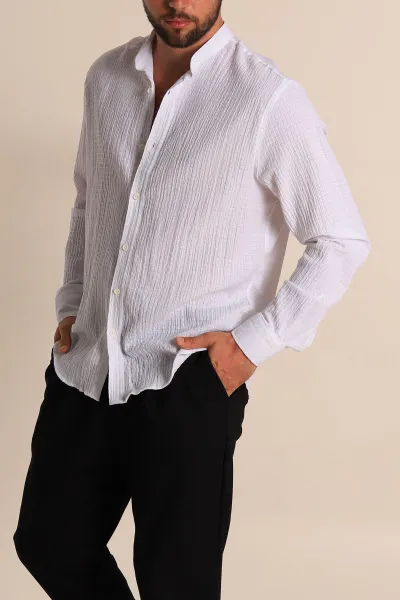 Beyaz Relaxed Fit Müslin Kumaş Hakim Erkek Gömlek 275669