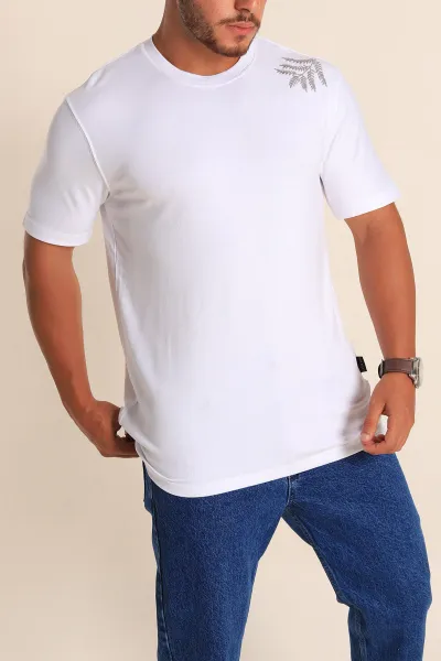 Beyaz Relaxed Fit Nakış Detaylı Likralı Erkek Tişört 268518