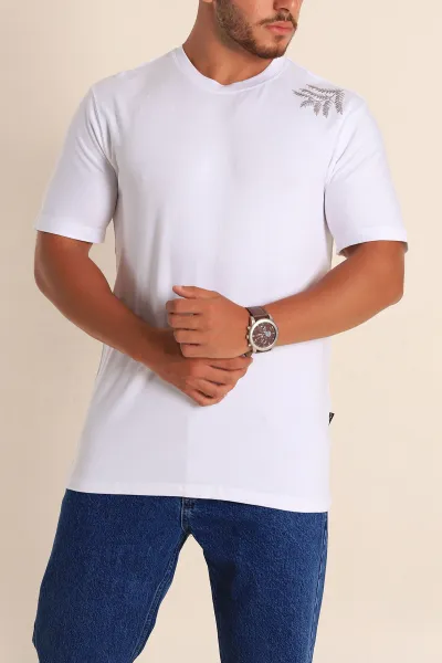 Beyaz Relaxed Fit Nakış Detaylı Likralı Erkek Tişört 268518