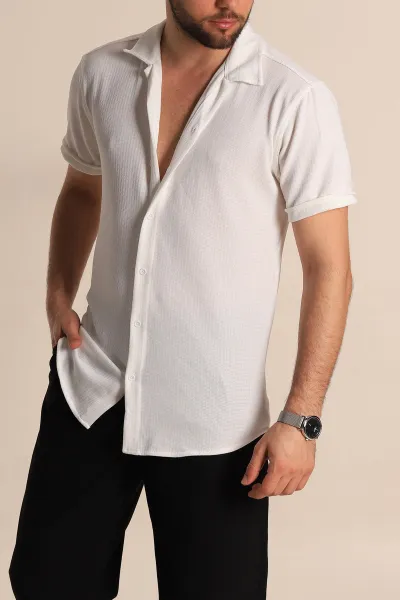 Beyaz Relaxed Fit Örme Duble Kısa Kollu Erkek Gömlek 275341