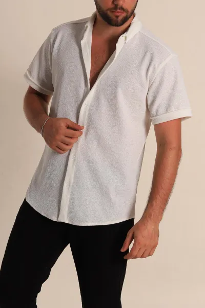 Beyaz Relaxed Fit Örme Duble Kısa Kollu Erkek Gömlek 278363