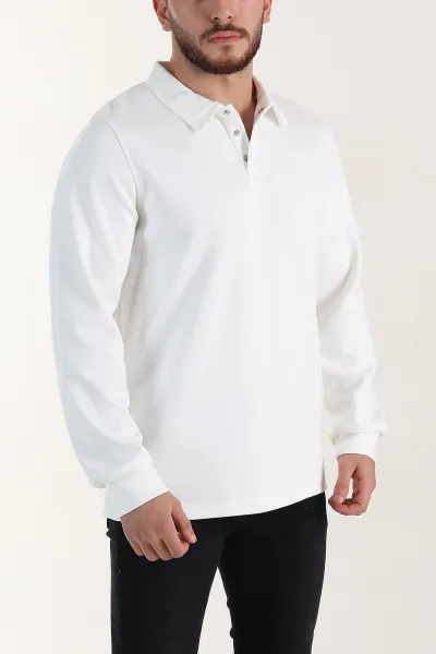Beyaz Relaxed Fit Oysho Kumaş Düğmeli Polo Yaka Erkek Sweatshirt 399524