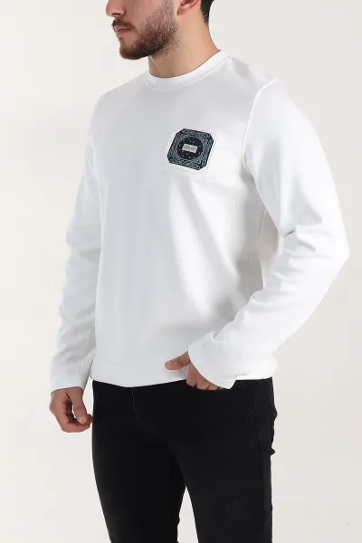 Beyaz Relaxed Fit Oysho Kumaş Kabartma Detaylı Erkek Sweatshirt 399528