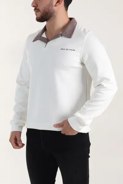 Beyaz Relaxed Fit Oysho Kumaş Kabartma Yazılı Polo Yaka Erkek Sweatshirt 399588