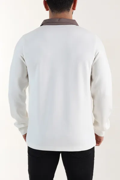 Beyaz Relaxed Fit Oysho Kumaş Kabartma Yazılı Polo Yaka Erkek Sweatshirt 399588