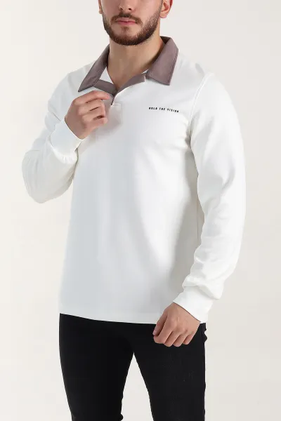 Beyaz Relaxed Fit Oysho Kumaş Kabartma Yazılı Polo Yaka Erkek Sweatshirt 399588