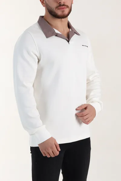 Beyaz Relaxed Fit Oysho Kumaş Kabartma Yazılı Polo Yaka Erkek Sweatshirt 399588