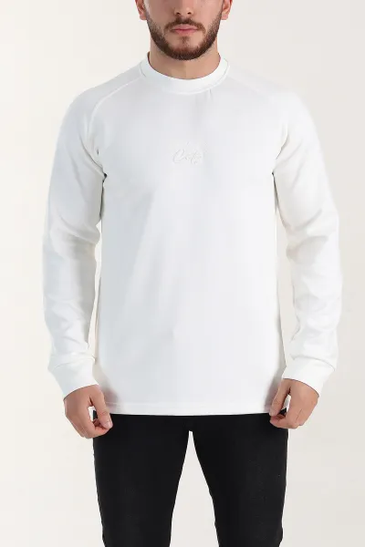 Beyaz Relaxed Fit Oysho Kumaş Nakış Detaylı Erkek Sweatshirt 399471