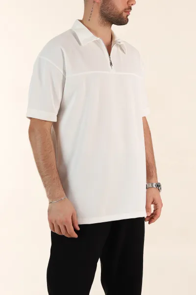 Beyaz Relaxed Fit Parçalı Kumaş Polo Yaka Erkek Tişört 363812